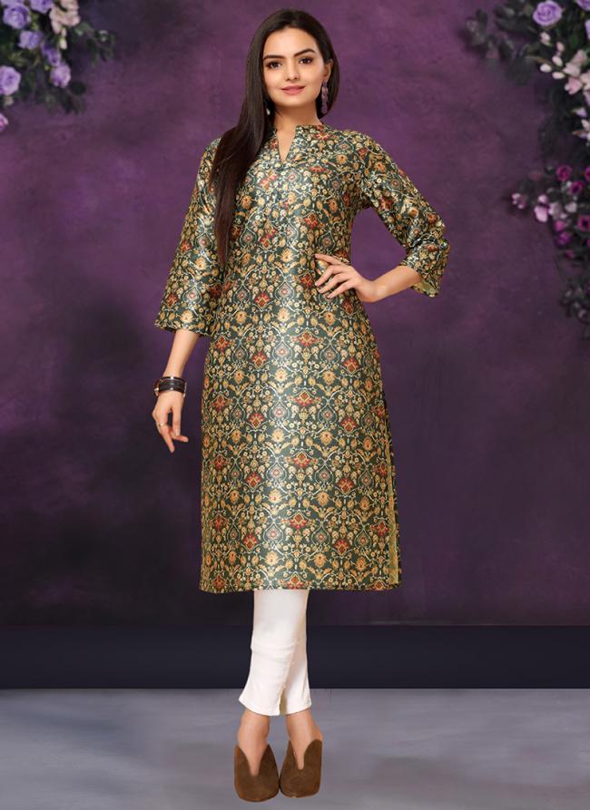 Poly Chanderi Green Festival Wear Printed Readymade Kurti